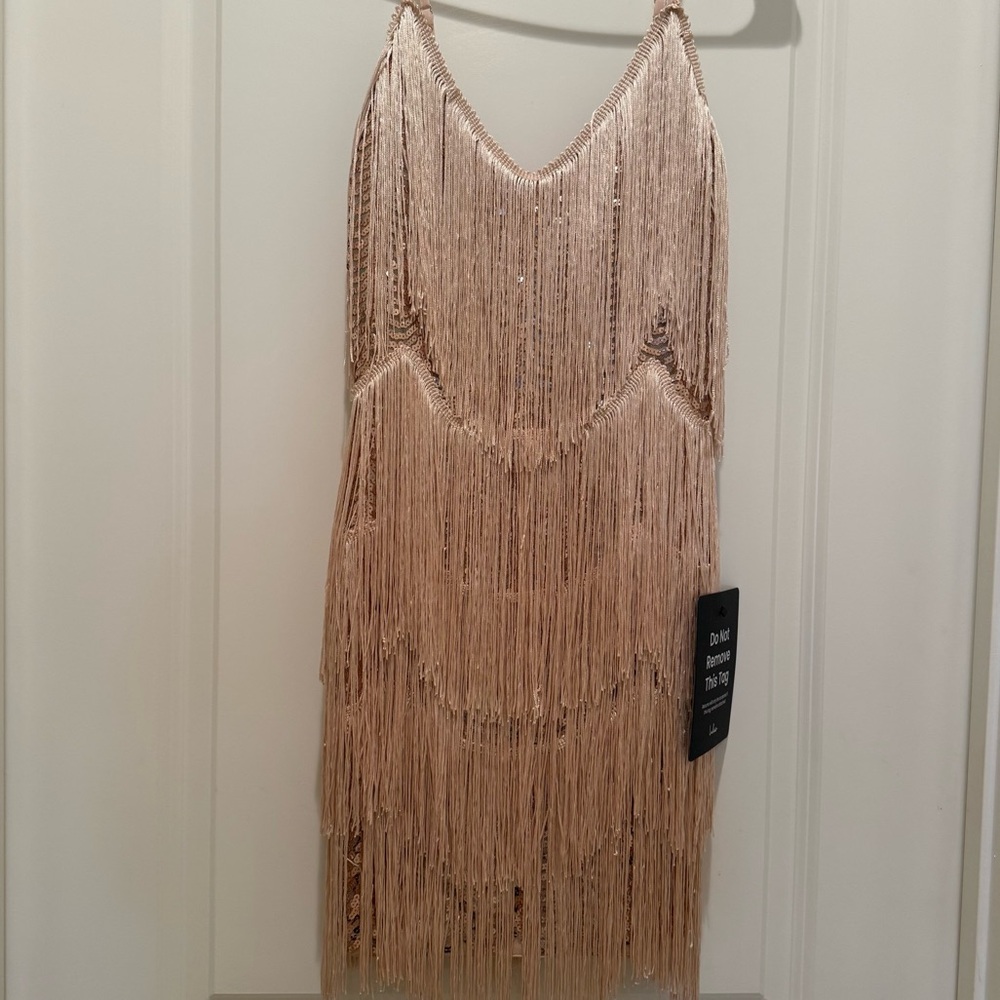 Lulus Get In The Groove Champagne Sequin Fringe Bodycon Dress Gold - Size XXS - Picture 2 of 4